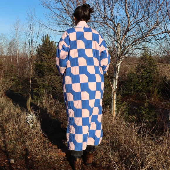 Upcycled Patchwork Quilt Duster Pink and Blue Long Coat M • L • XL - Picture 6 of 8